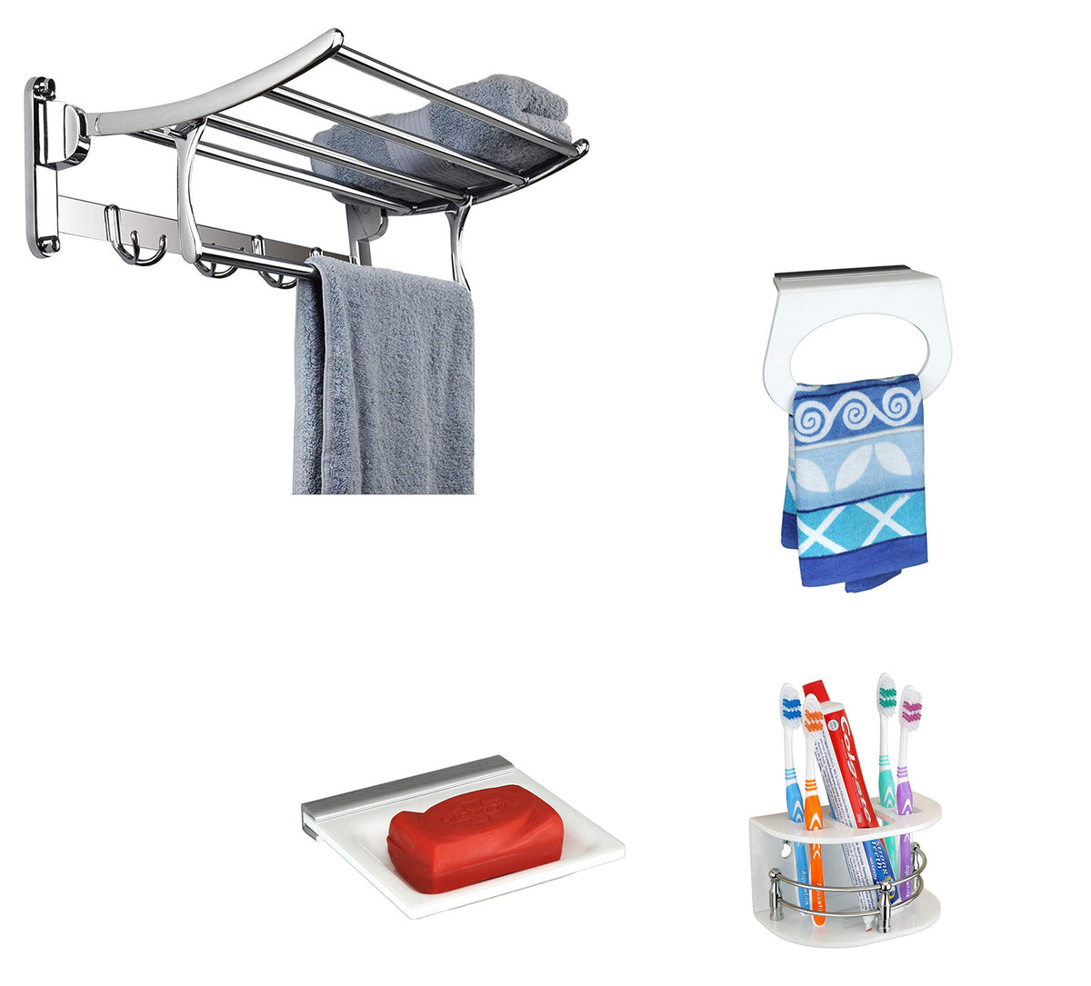 Plantex Stainless Steel Folding Towel Rack/Towel Stand/Hanger (24 Inches) with Premium Acrylic Toothbrush Holder/Soap Dish/Napkin Ring/Bathroom Accessories for Home