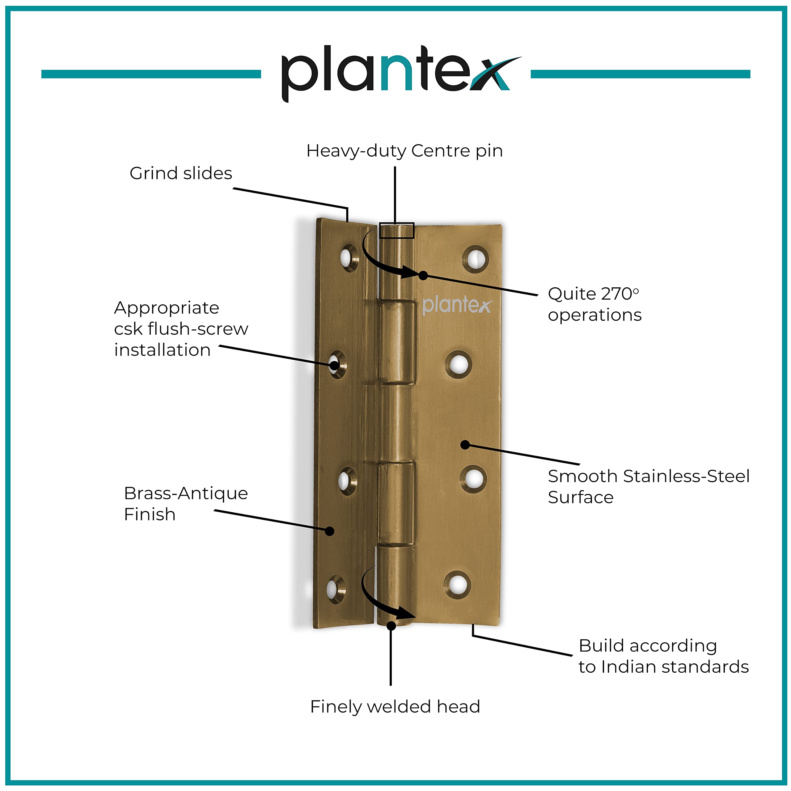 Plantex Heavy Duty Stainless Steel Door Butt Hinges 5 inch x 12 Gauge/2.5 mm Thickness Home/Office/Hotel for Main Door/Bedroom/Kitchen/Bathroom - Pack of 4 (Brass Antique)