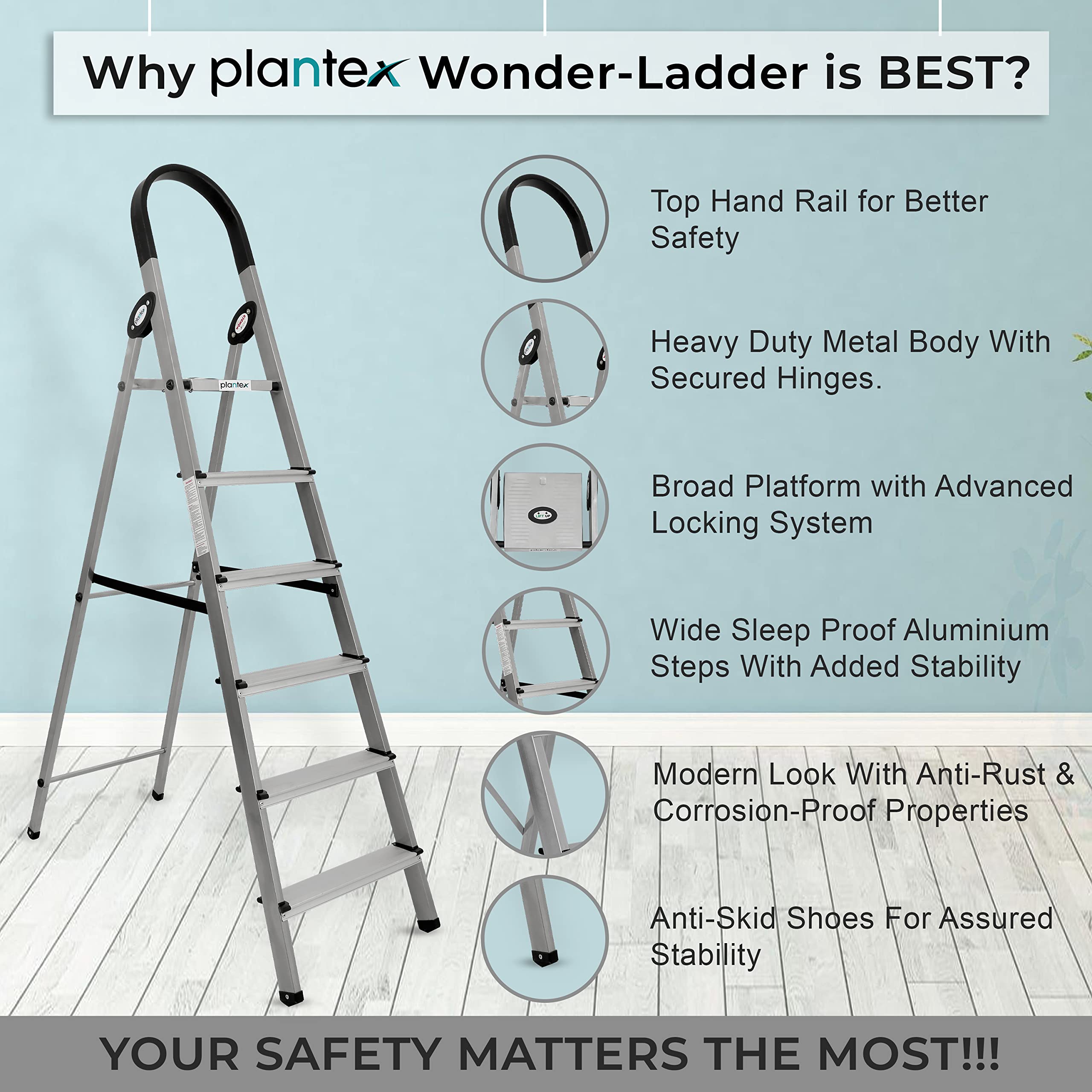 Plantex Wonder Aluminium Step Folding Ladder 6 Step for Home with Advanced Locking System - 6 Step Ladder (Silver & Black)