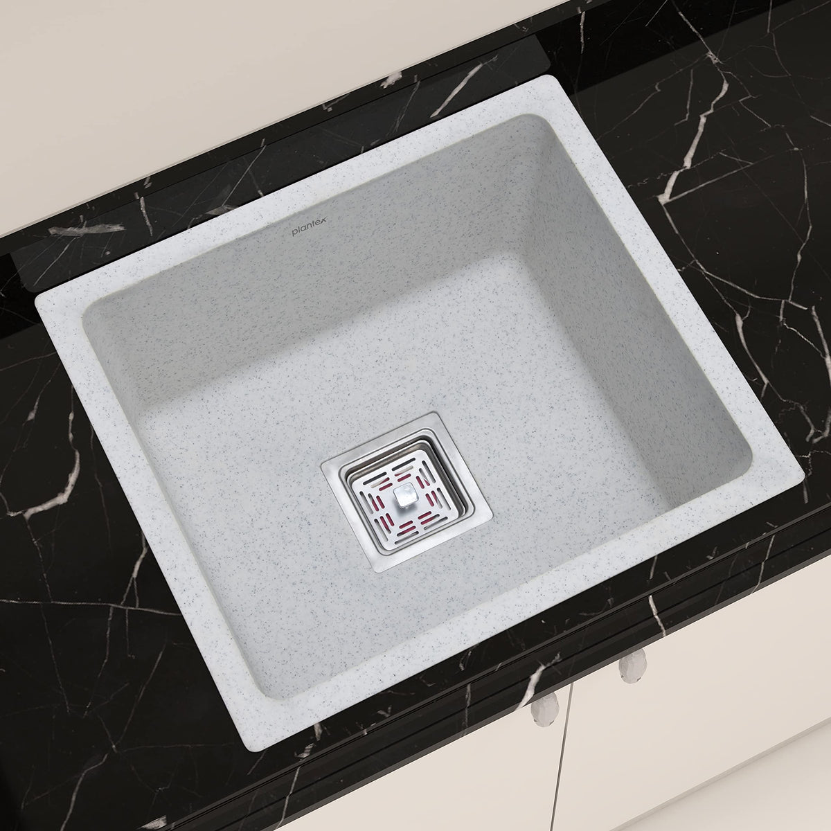Plantex Granite Quartz Single Bowl Kitchen Sink with Hose Pipe and Square Coupling-Flush Mount/Under Mount/Top Mount - (APS-2023 - Mosaic Grey, 18 x 16 inches)