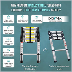 Plantex Ladder for Home (3.2 m/10.5 Feet) Stainless Steel Telescopic Ladder/Extendable Portable Steps and Compact Design (EN131 Certified)