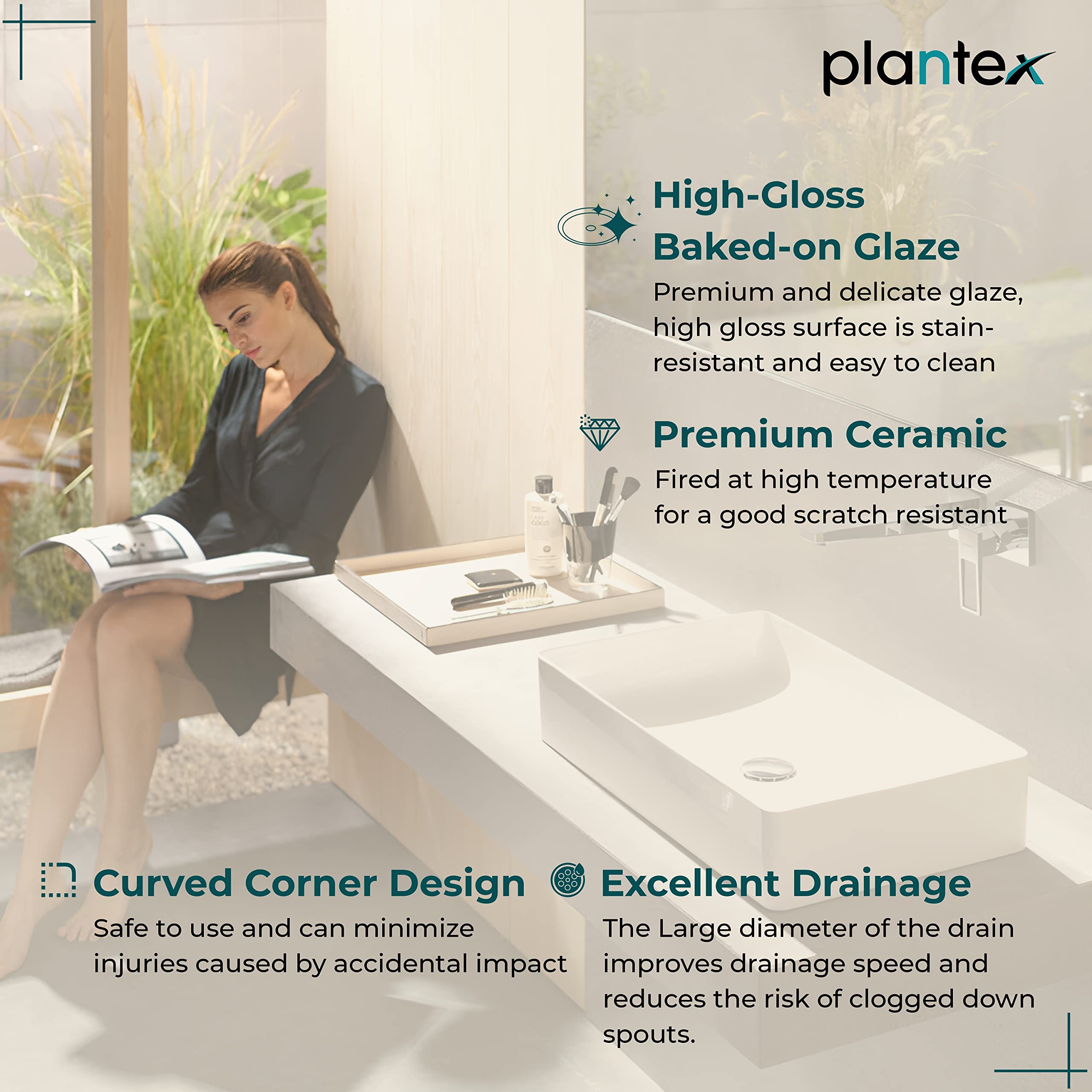 Plantex Platinium Tabletop Ceramic Rectangular Wash Basin/Countertop Bathroom Sink (White, 18.5 x 16.5 x 7 Inch)