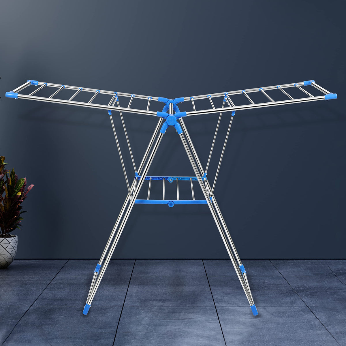 Plantex Stainless Steel Foldable Cloth Drying Rack/Cloth Hanger Stand for Home/Movable Cloth Rack - (Silver & Blue)
