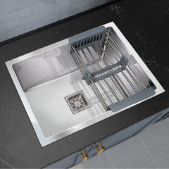 Plantex 304 Grade Stainless Steel Single Bowl Handmade Kitchen Sink With Drain Rack - Flushmount/ Undermount/ Top Mounted - Chrome Finish (24x18 Inches)