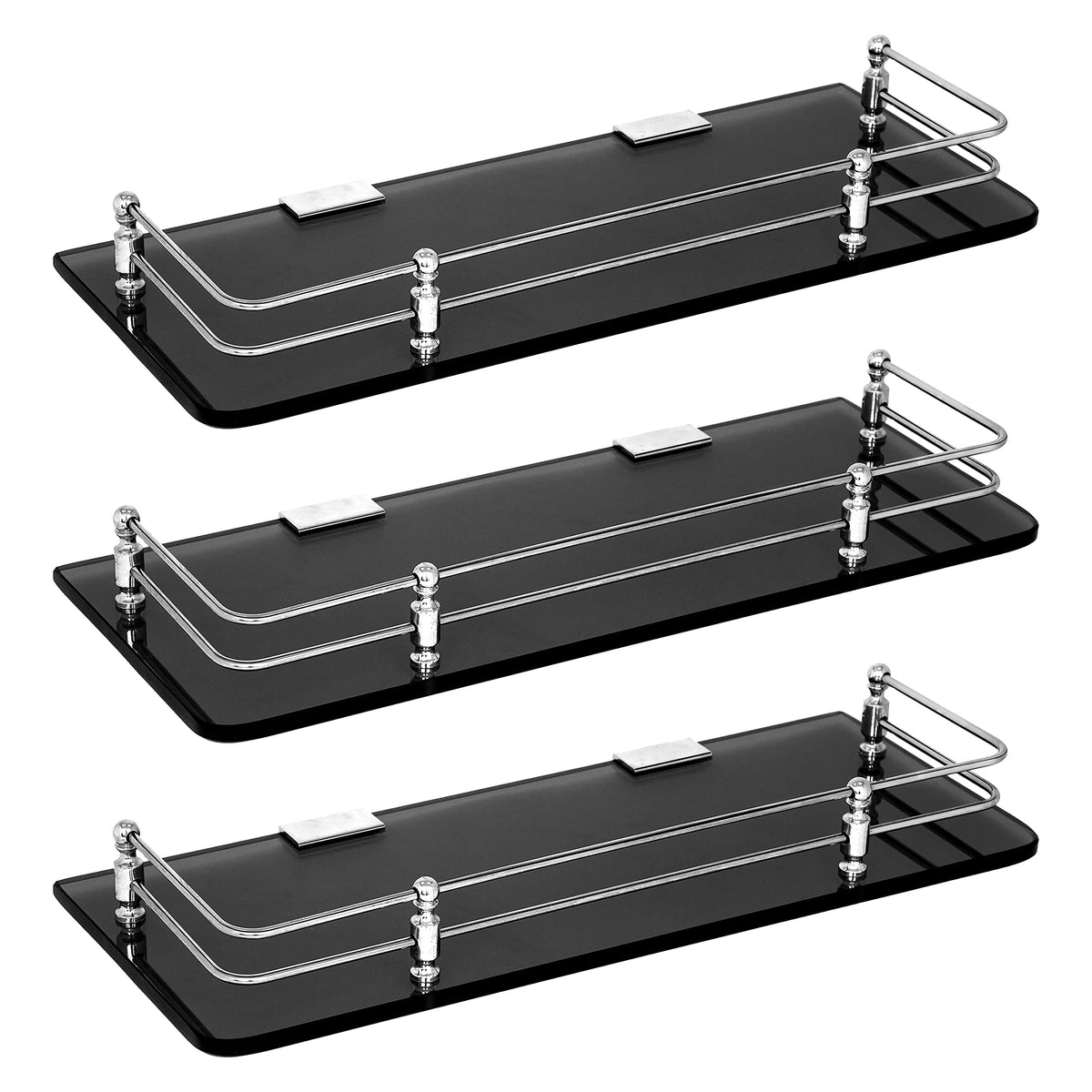 Plantex Premium Black Glass Shelf for Bathroom/Kitchen/Living Room - Bathroom Accessories (Polished, 18x6 Inches) - Pack of 3