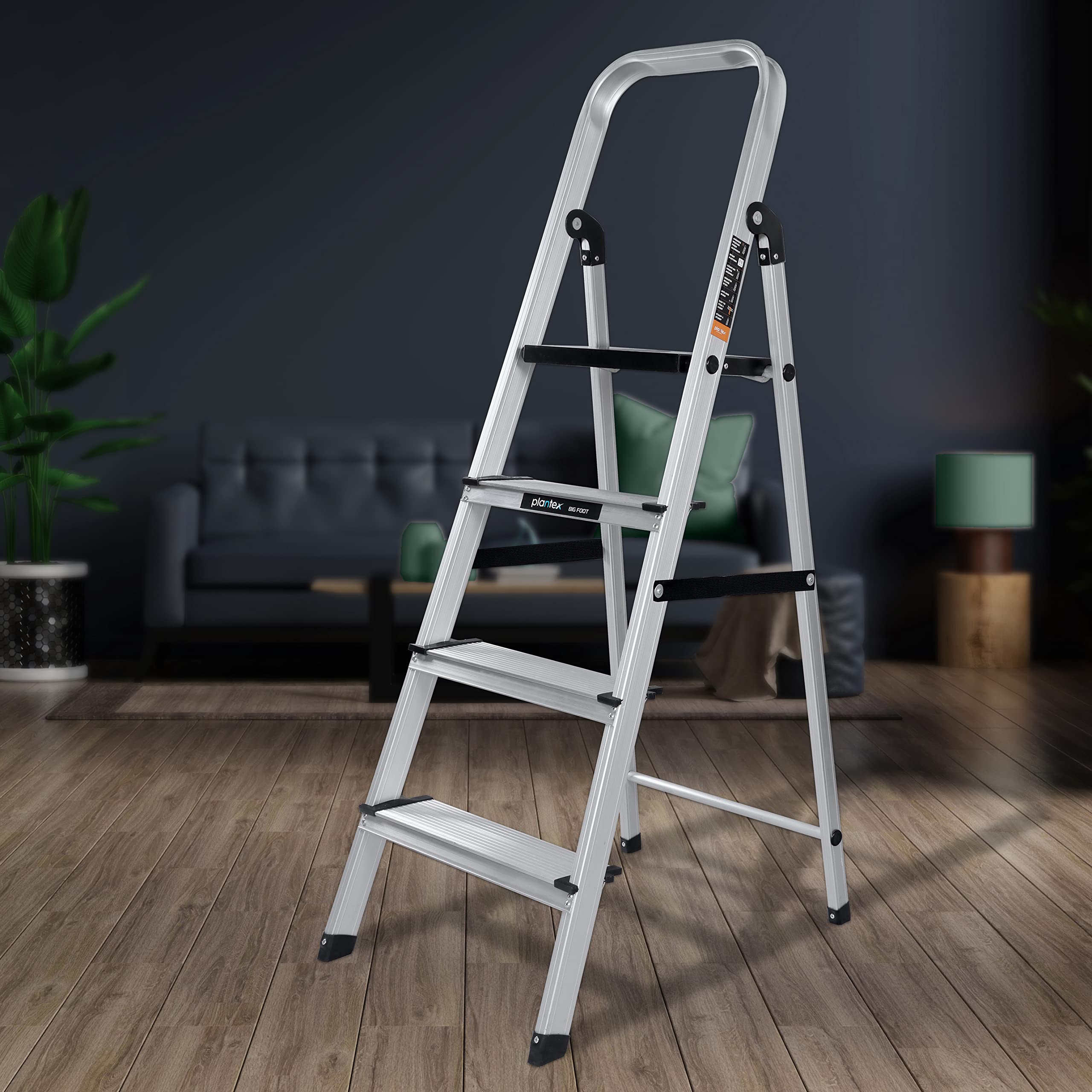 Plantex Big Foot - Widest Steps - Fully Aluminium Folding 4 Step Ladder for Home - 4 Wide Step Ladder (Black-Silver)
