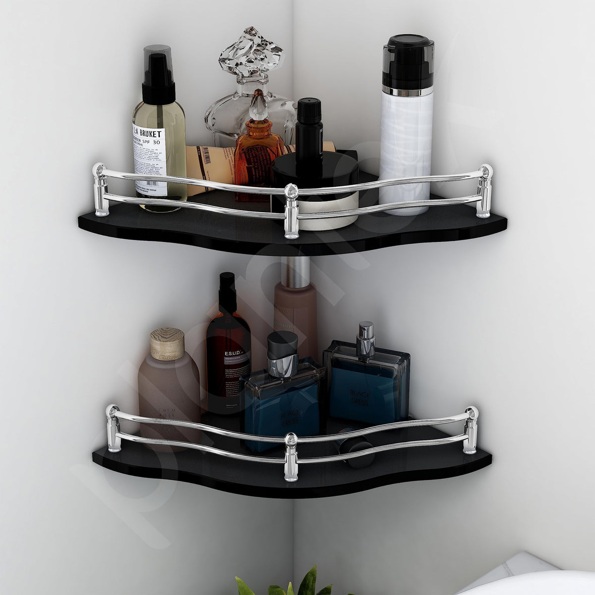 Plantex Premium Flower Glass Corner Shelf for Bathroom&Kitchen Shelf (Black, 9x9 Inches) - Pack of 2
