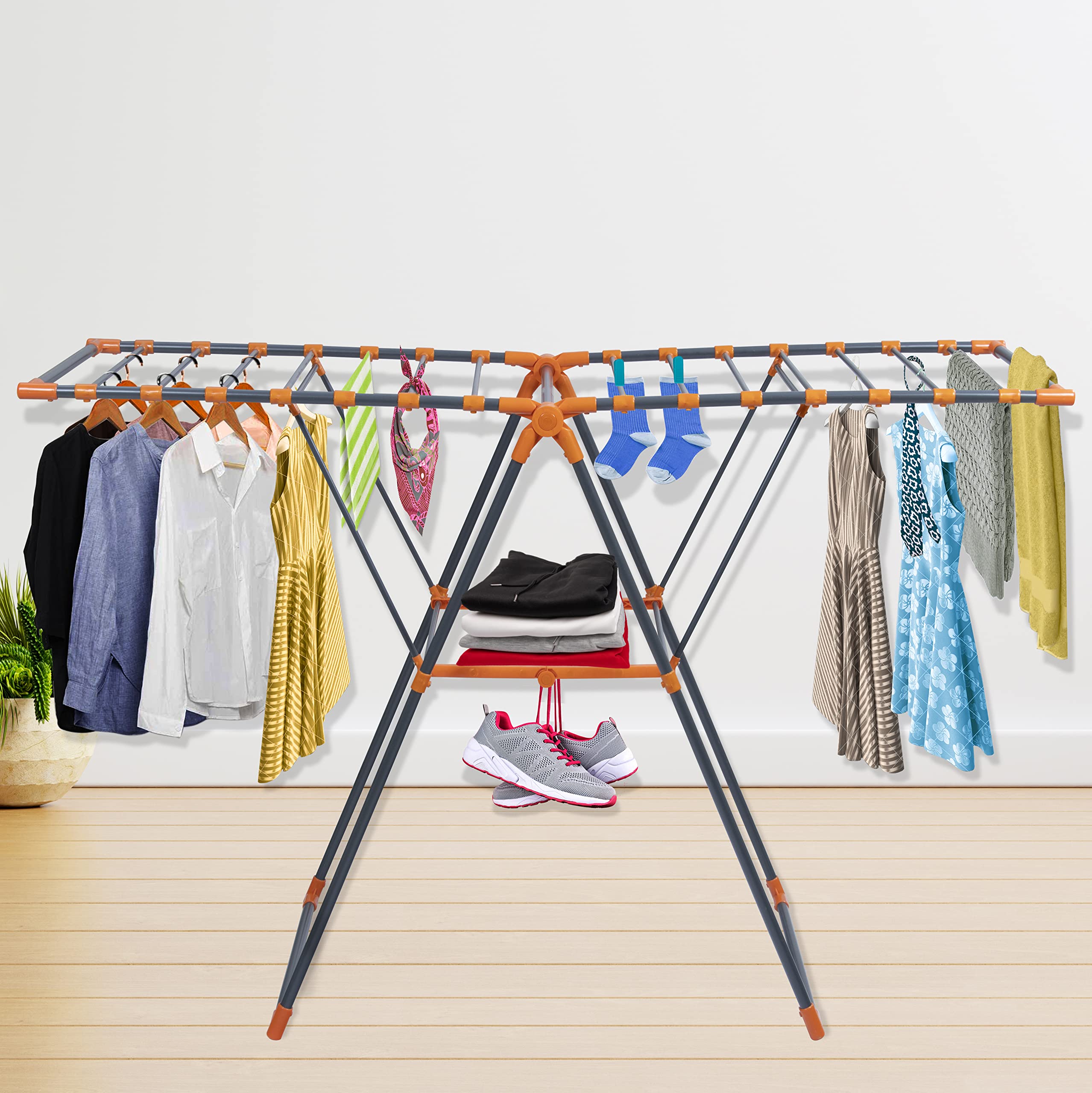 Plantex GI Steel Foldable Cloth Drying Stand/Clothes Rack/Clothes Hanger  for Home/Londry Stand for Balcony – (Gray & Orange)