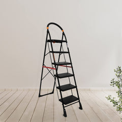 Primax 6-Step Foldable Ladder with Safety-Clutch Lock and Ribbed Steps/Step Ladder/GI Steel Ladder for Home(Primo-Black&Orange)