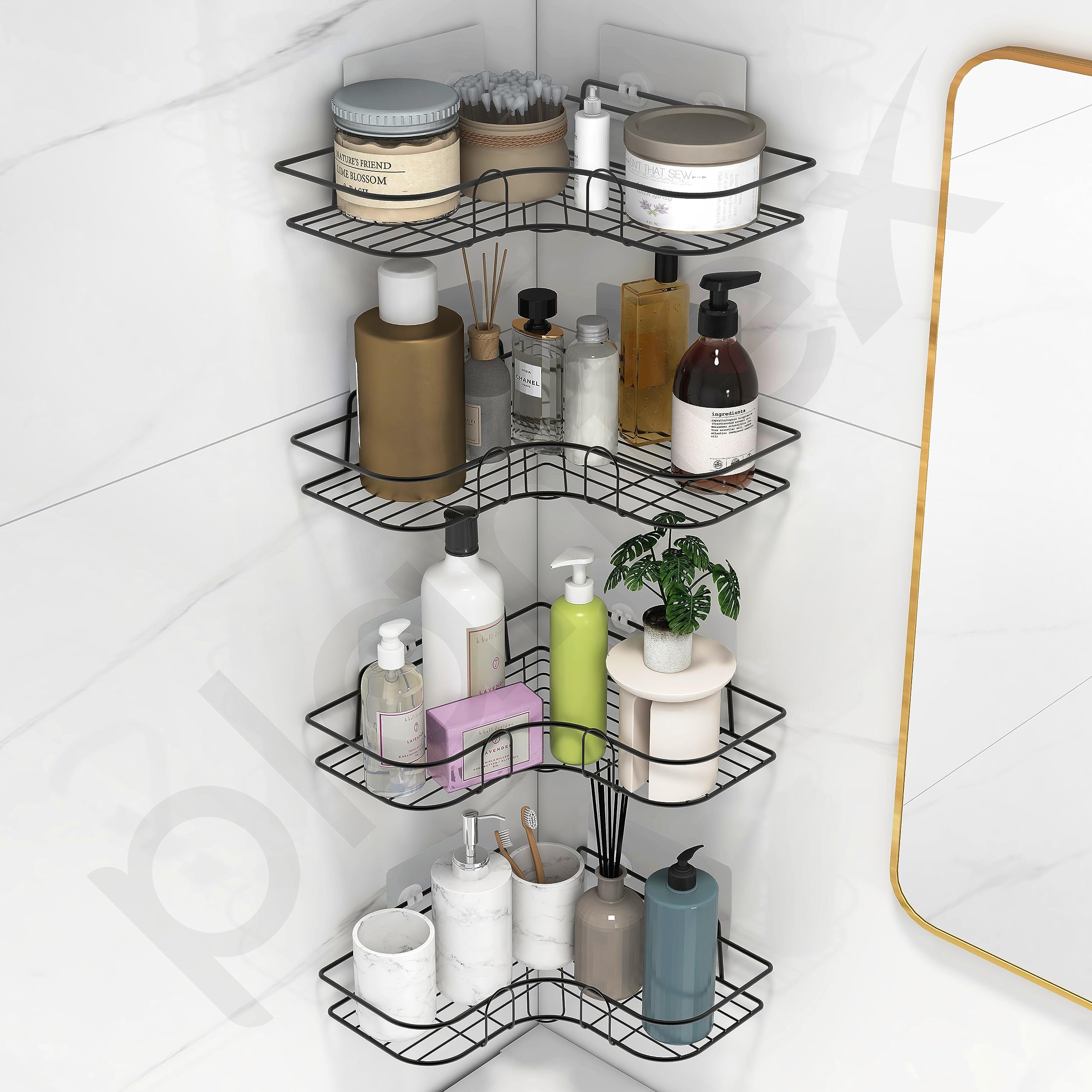 Plantex Bathroom Corner Self Adhesive Shelf/Rack/Storage Organizer - Bathroom Accessories - Pack of 4 (Metal,Black)
