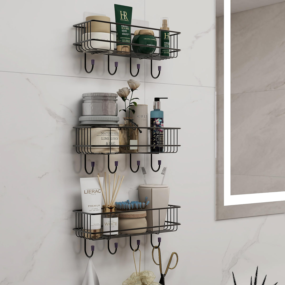 Plantex GI Steel Self-Adhesive Multipurpose Bathroom Shelf with Hooks/Towel Holder/Rack/Bathroom Accessories - Wall Mount - Pack of 3 (Black,Powder Coated)