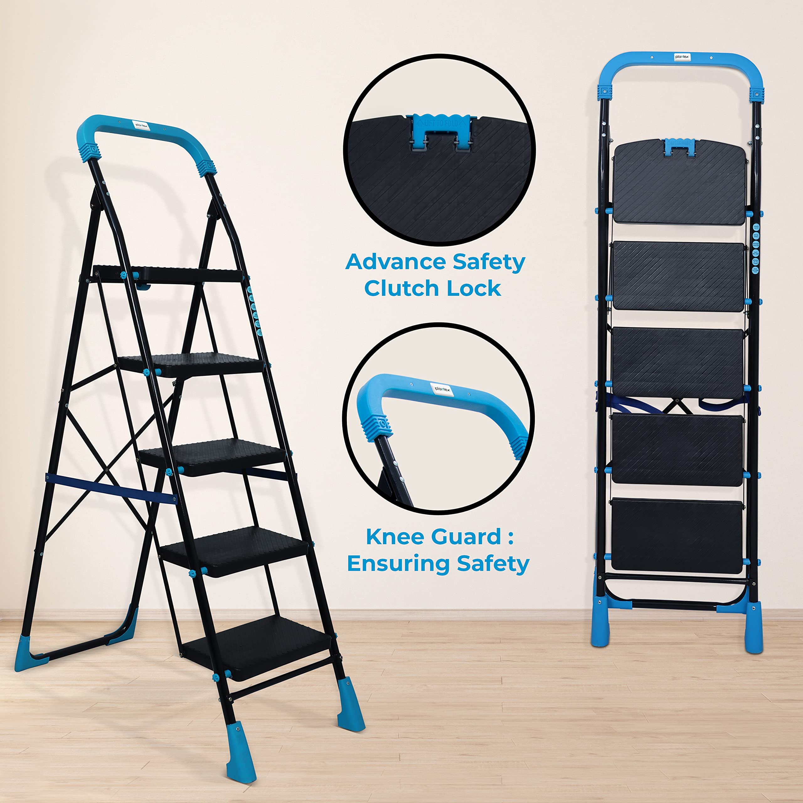 Plantex Heavy-Duty Mild-Steel Stylo Folding 5 Step Ladder for Home with Advanced Locking System - 5 Wide Step Ladder(Black & Blue)