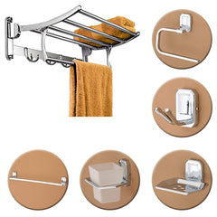 Plantex Stainless Steel Folding Towel Rack with Stainless Steel 304 Grade Cute Bathroom Accessories Set 5pcs (Towel Rod/Napkin Ring/Tumbler Holder/Soap Dish/Robe Hook)