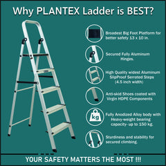 Plantex Big Foot - Widest Steps - Fully Aluminium Folding 5 Step Ladder for Home - 5 Wide Step Ladder (Black-Silver)