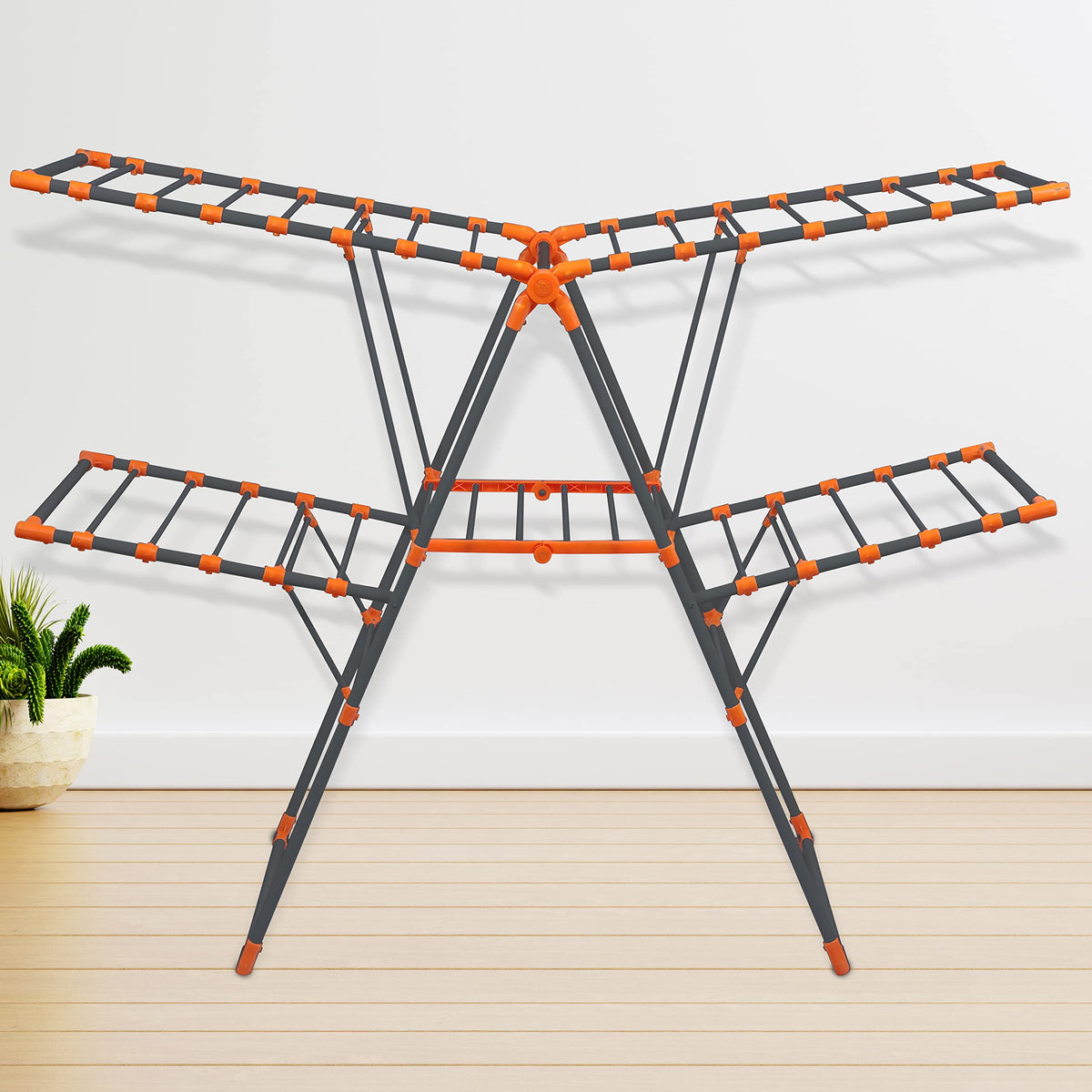 Plantex GI Steel Dual Tier Foldable Cloth Drying Stand/Cloth Rack/Clothes Hanger Stand for Home/Movable Cloths Rack – (Gray & Orange)