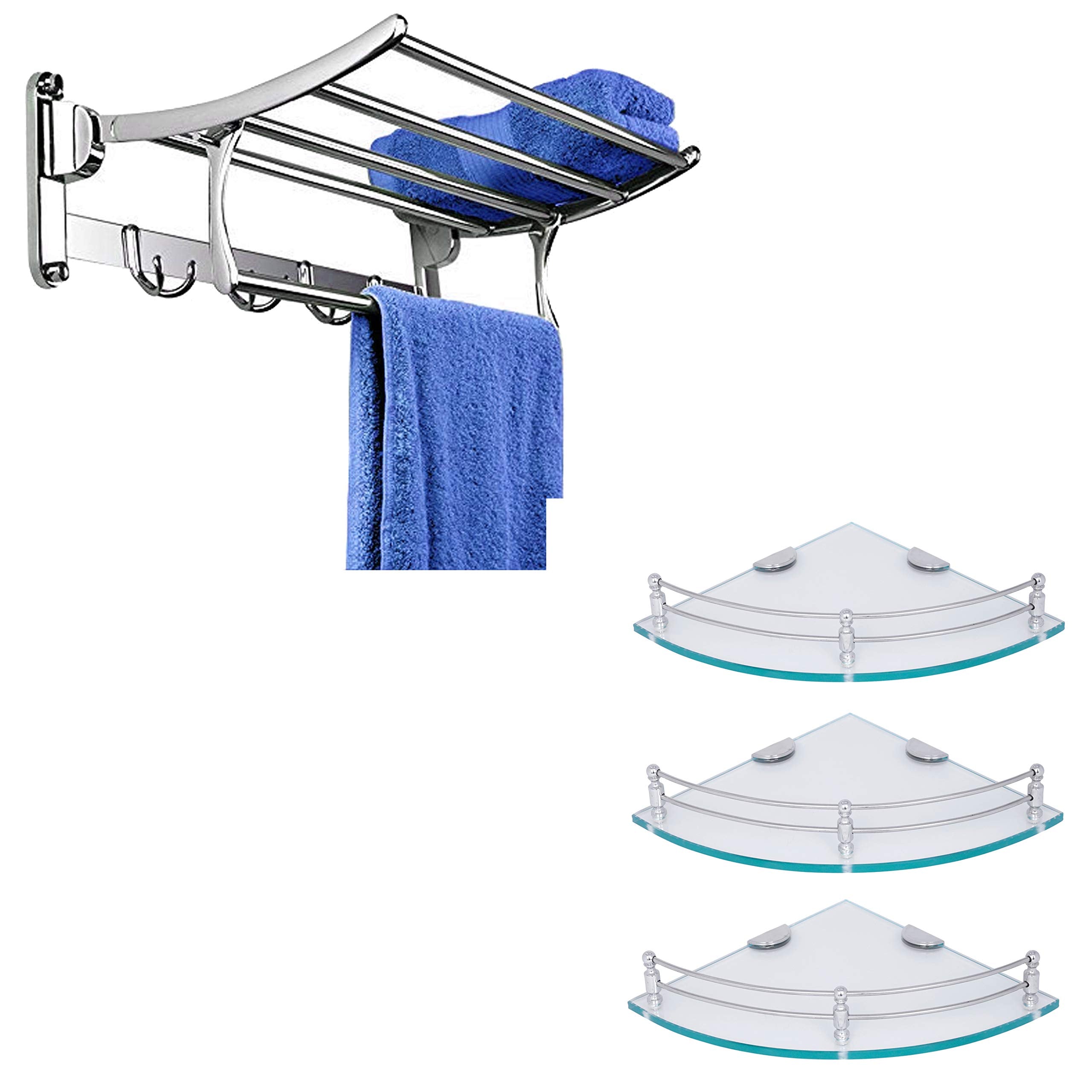 Plantex 24 Inches Stainless Steel Folding Towel Rack with Premium Glass Shelf/Bathroom Shelf Corner (9 X 9 Inches) - Pack of 3