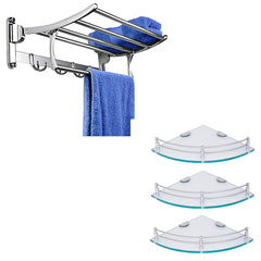 Plantex 24 Inches Stainless Steel Folding Towel Rack with Premium Glass Shelf/Bathroom Shelf Corner (9 X 9 Inches) - Pack of 3