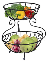 Plantex Heavy Steel 2-Tier Fruit & Vegetable Basket Bowl/Storage Stand For Dining Table/Kitchen - Countertop (Black), 9 liter