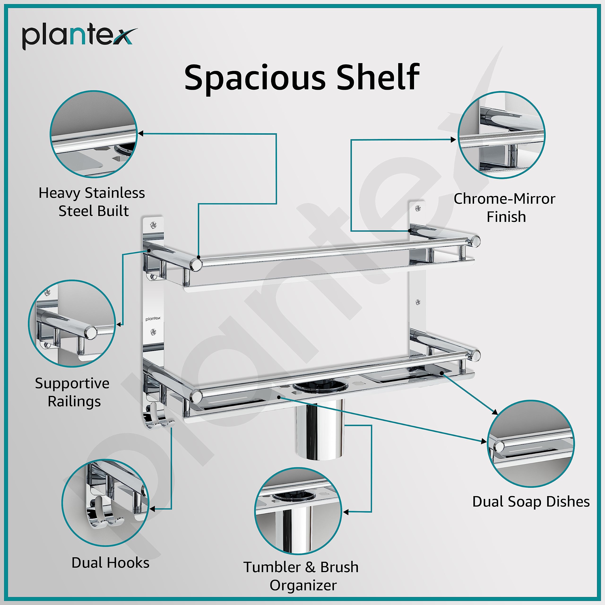 Plantex 5in1 Multiuse Rack for Bathroom with Soap Stand and Tumbler Holder with Hooks for Washroom Organizer