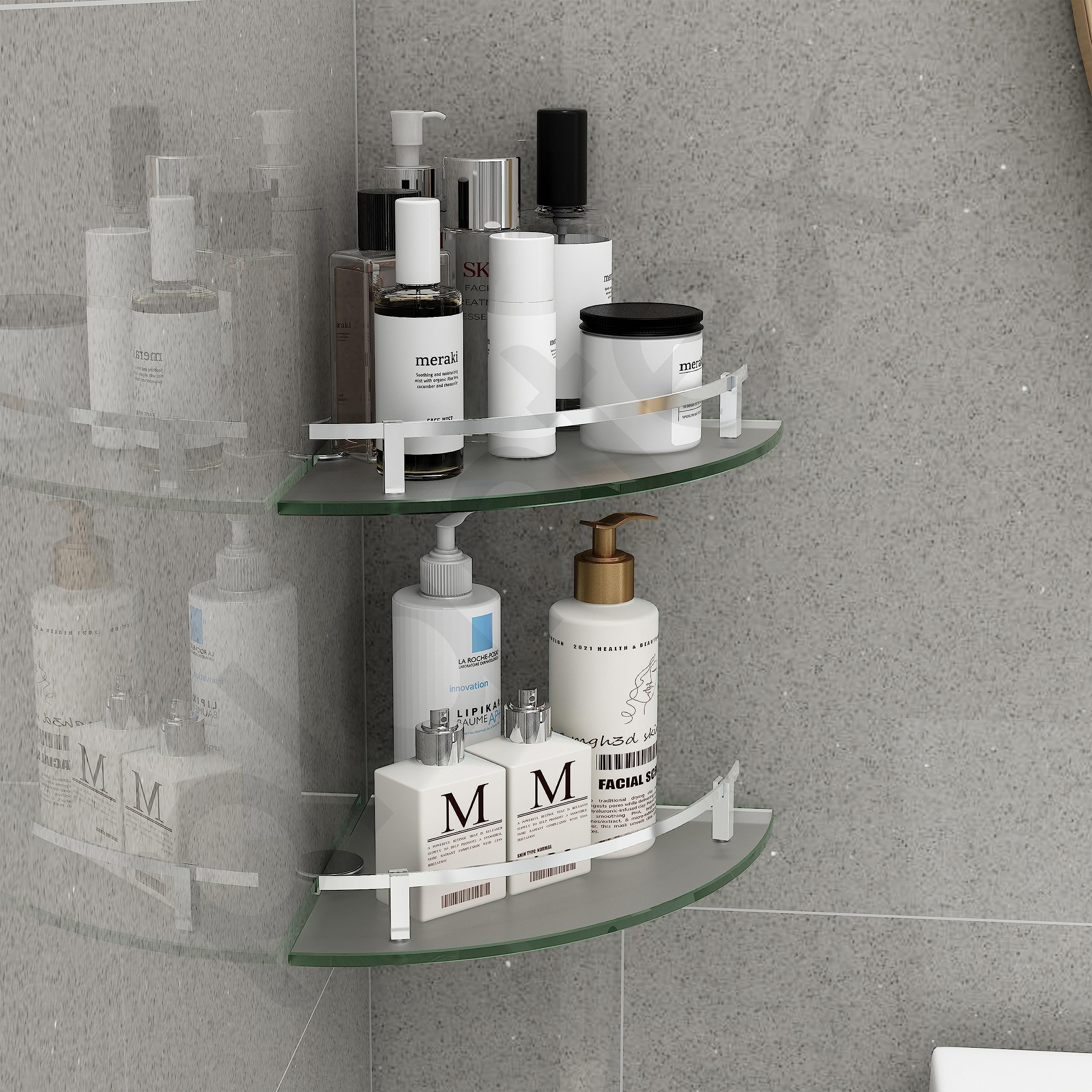 Plantex Premium Frosted Glass Corner/Shelf for Bathroom/Wall Shelf/Storage Shelf (9x9 Inches) - Pack of 2 (Silver Matt)