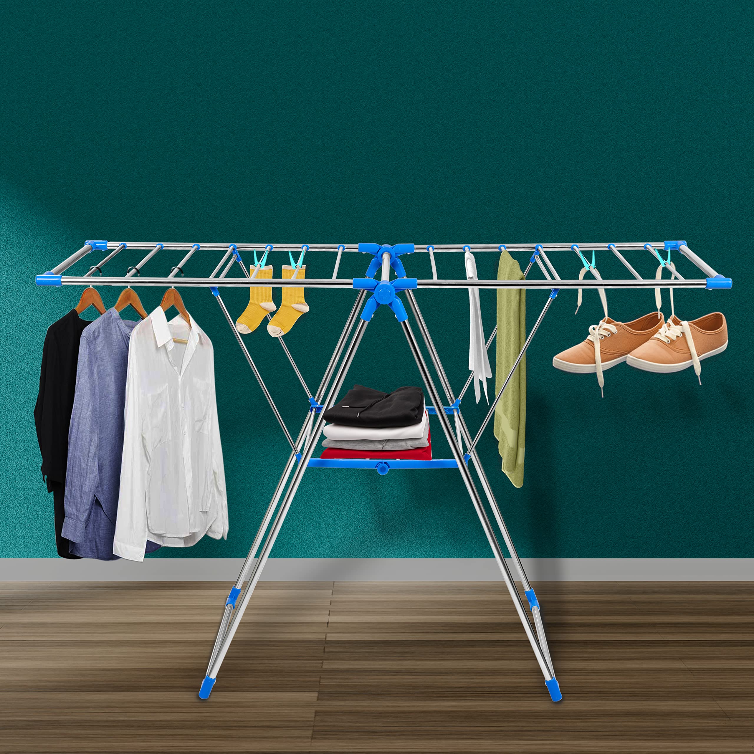 Plantex Stainless Steel Foldable Cloth Drying Rack/Cloth Hanger Stand for Home/Movable Cloth Rack - (Silver & Blue)