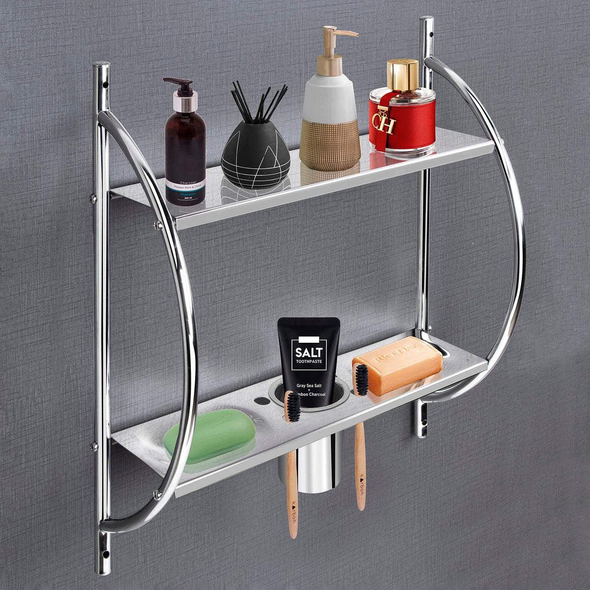 Plantex Stainless Steel 2 Tier Multipurpose Bathroom Shelf/Rack with Double Soap Dish and Tumbler Holder/Bathroom Accessories - Wall Mount (Chrome-Silver)