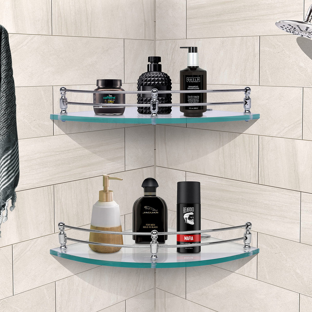 Planet Premium Glass Bathroom Corner/Kitchen Corner Shelf/Bathroom Accessories for Home-Pack of 2 (Glossy 9x9 Inches)