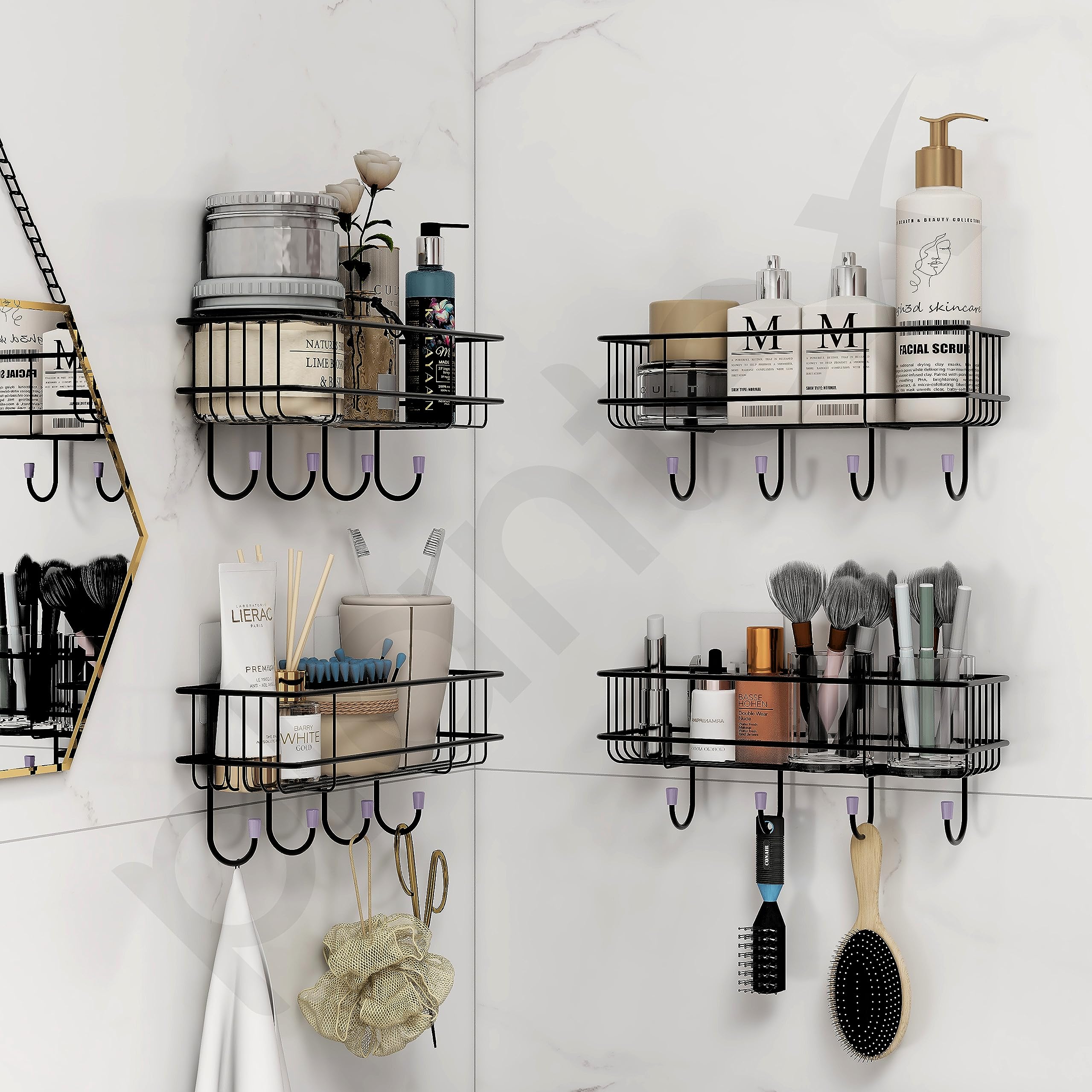 Plantex GI Steel Self-Adhesive Multipurpose Bathroom Shelf with Hooks/Towel Holder/Rack/Bathroom Accessories - Wall Mount - Pack of 4 (Black,Powder Coated)