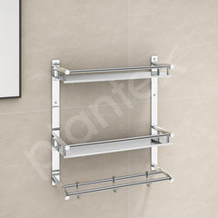 Plantex Stainless Steel Double Layer Shelf with Towel Holder Rod for Bathroom/Multipurpose Shelf for Wall Mount Bathroom Accessories (Chrome)