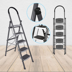 Plantex Ladder for Home-Foldable Steel 5 Step Ladder-Wide Anti Skid Steps (Gray & White)