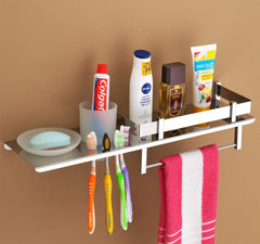 Plantex Stainless Steel 4in1 Multipurpose Bathroom Shelf with Towel Rod,Soap&Tumbler Holder (18x5 inches)