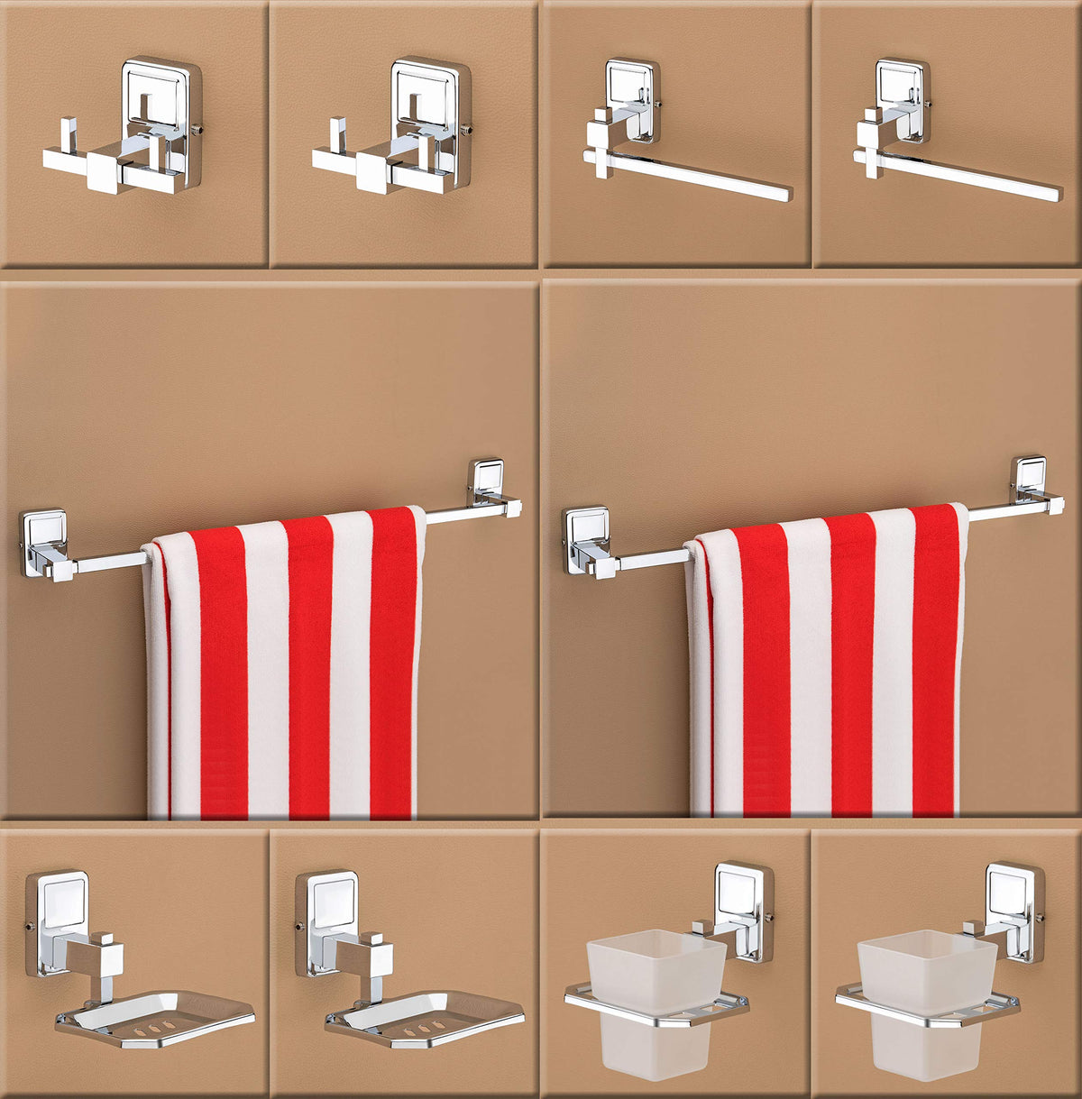 Plantex Stainless Steel 304 Grade Bathroom Accessories Set/Bathroom Hanger for Towel/Towel Bar/Napkin Ring/Tumbler Holder/Soap Dish/Robe Hook (Darcy - Pack of 10)