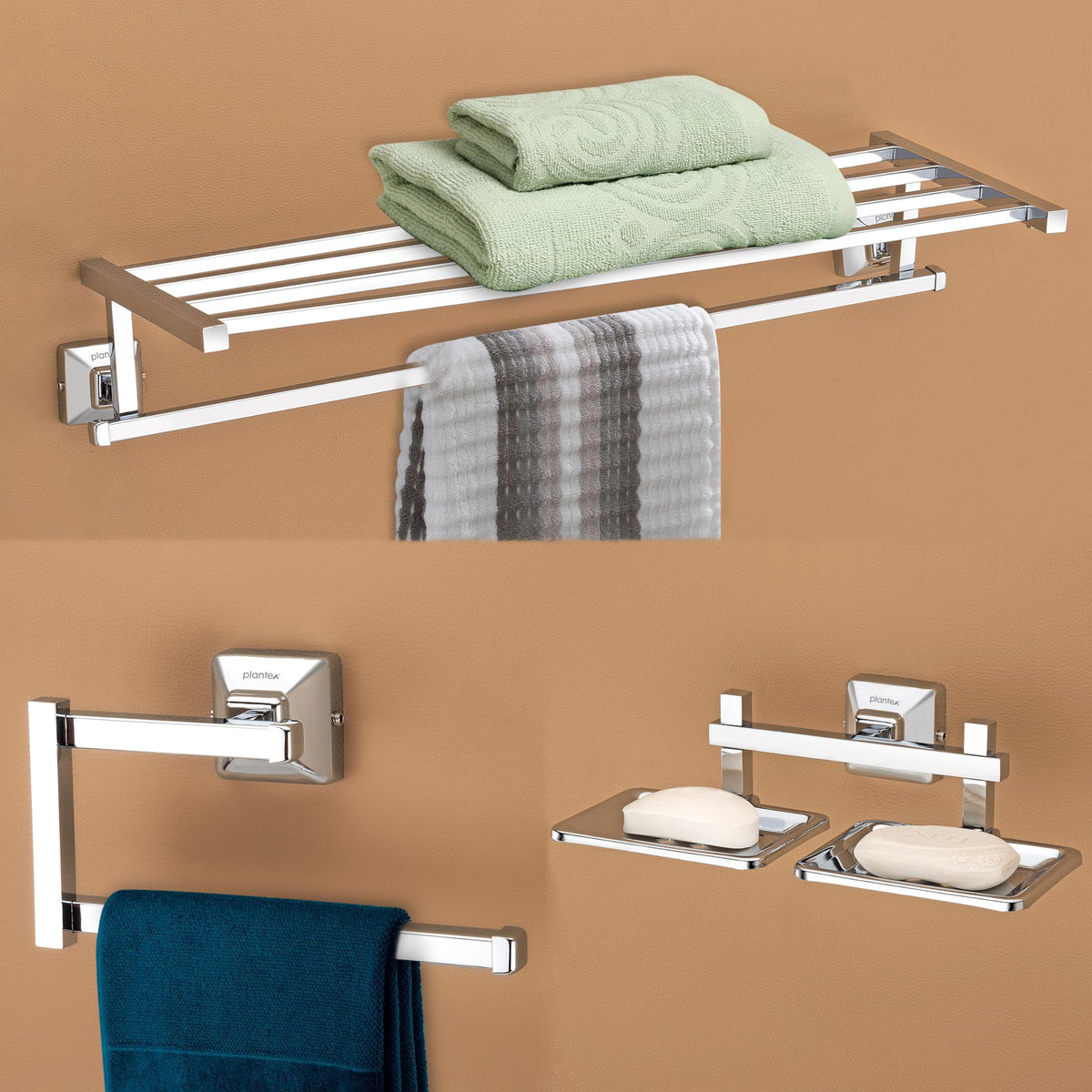 Plantex 304 Grade Stainless Steel Bathroom Accessories Set of 3 - Towel Stand/Napking Hanger/Dual Soap Holder for Bathroom - Squaro (Chrome)