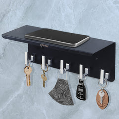 Plantex Stainless Steel Multipurpose Mobile Phone Stand/Storage Rack/Shelf with 5 Key Hooks/Holder - Wall Mount (Black)