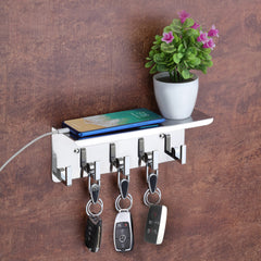 Plantex Stainless Steel Multipurpose Mobile Phone Stand/Shelf/Storage Rack with 5 Key Hooks/Holder - Wall Mount (Chrome)