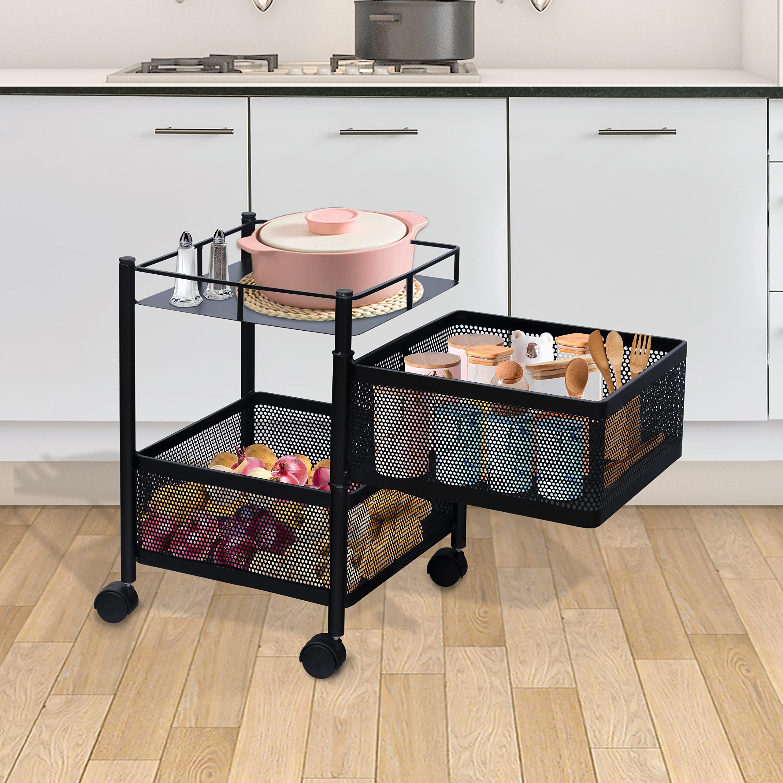 Plantex Square 4-Tier Rotating Shelf/Storage Rack/Basket for Kitchen/Bathroom/Living-Room-Shelf Trolley with Wheels for Bathroom Accessories (Black)