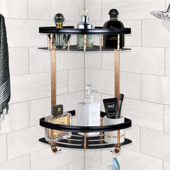 Plantex Space Aluminium Double Tier Corner Storage Shelf for Bathroom/Kitchen - Wall Mount (Stainless Steel Finish,Gold & Black)