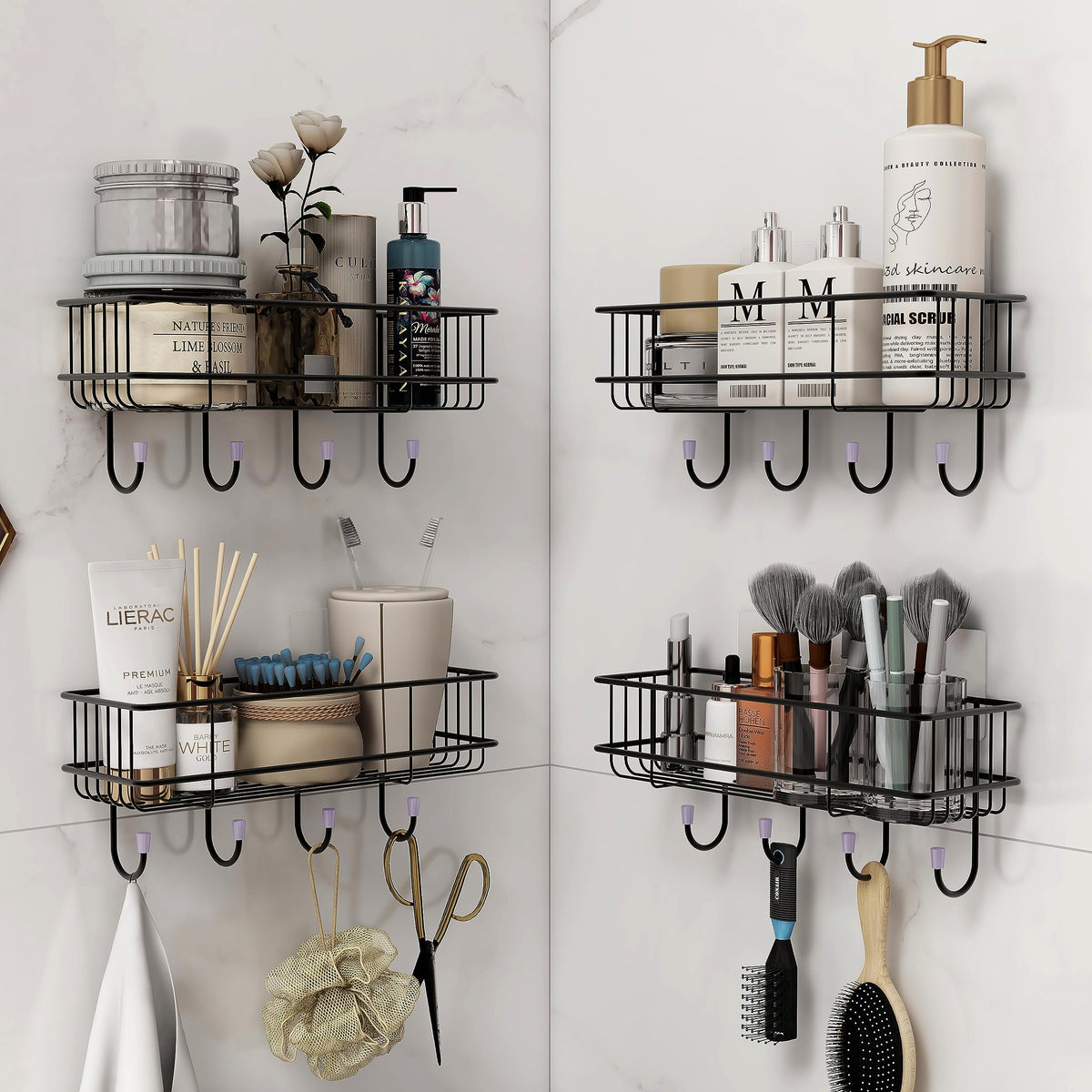 Plantex GI Steel Self-Adhesive Multipurpose Bathroom Shelf with Hooks/Towel Holder/Rack/Bathroom Accessories - Wall Mount - Pack of 4 (Black,Powder Coated)