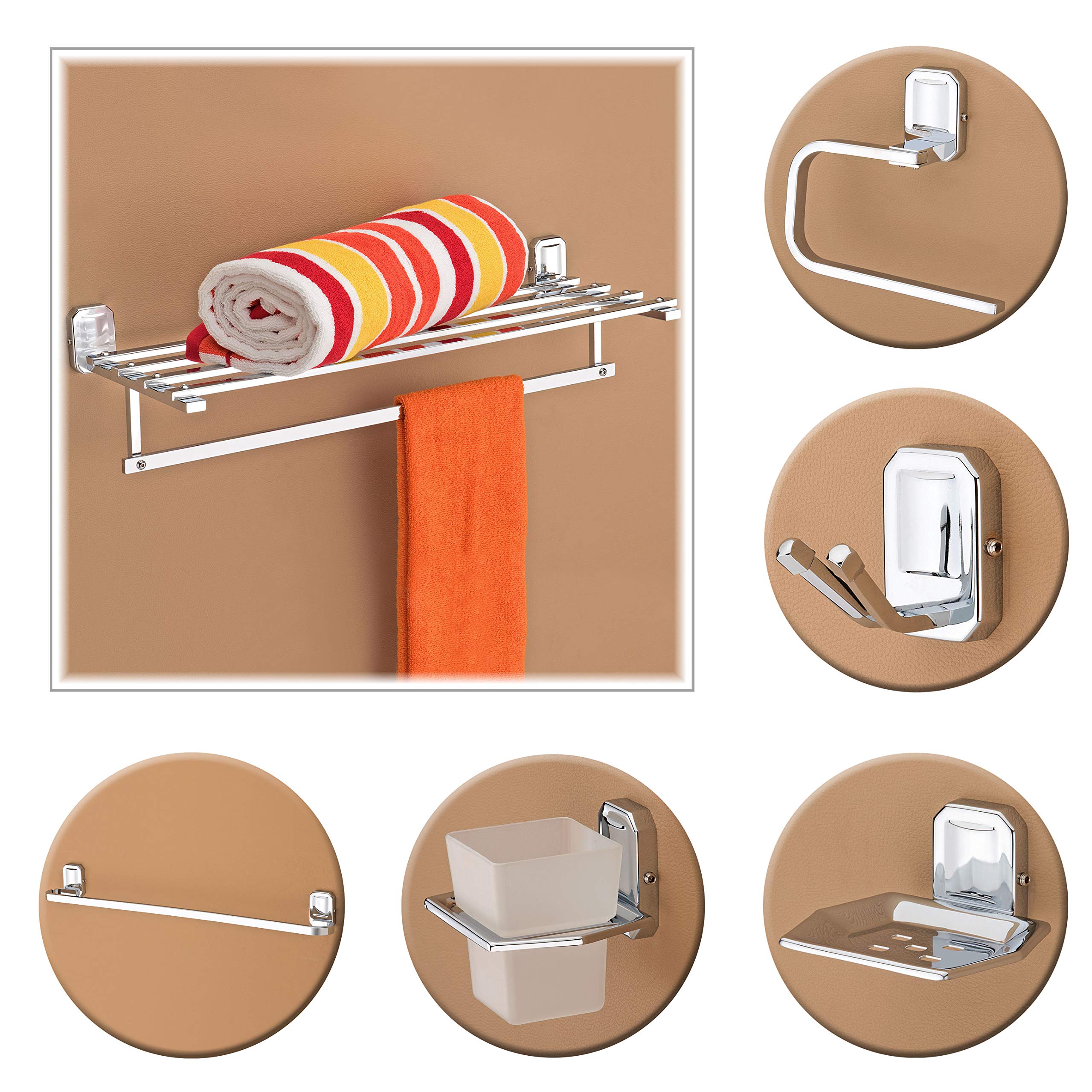Plantex Stainless Steel 304 Grade Folding Towel Rack with Stainless Steel 304 Grade Cute Bathroom Accessories Set 5pcs (Towel Rod/Napkin Ring/Tumbler Holder/Soap Dish/Robe Hook)