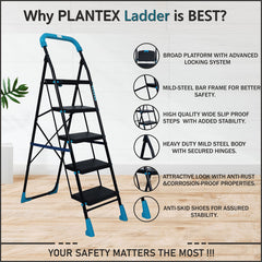 Plantex Heavy-Duty Mild-Steel Stylo Folding 5 Step Ladder for Home with Advanced Locking System - 5 Wide Step Ladder(Black & Blue)