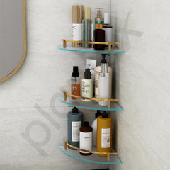 Plantex Premium Frosted Glass Corner/Shelf for Bathroom/Wall Shelf/Storage Shelf (9x9 Inches) - Pack of 3 (Brass Antique)
