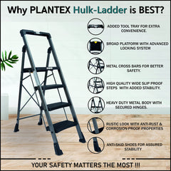 Plantex Heavy-Duty Mild-Steel Hulk Folding 4 Step Ladder for Home with Advanced Locking System - 4 Wide Step Ladder(Grey-Metallic)