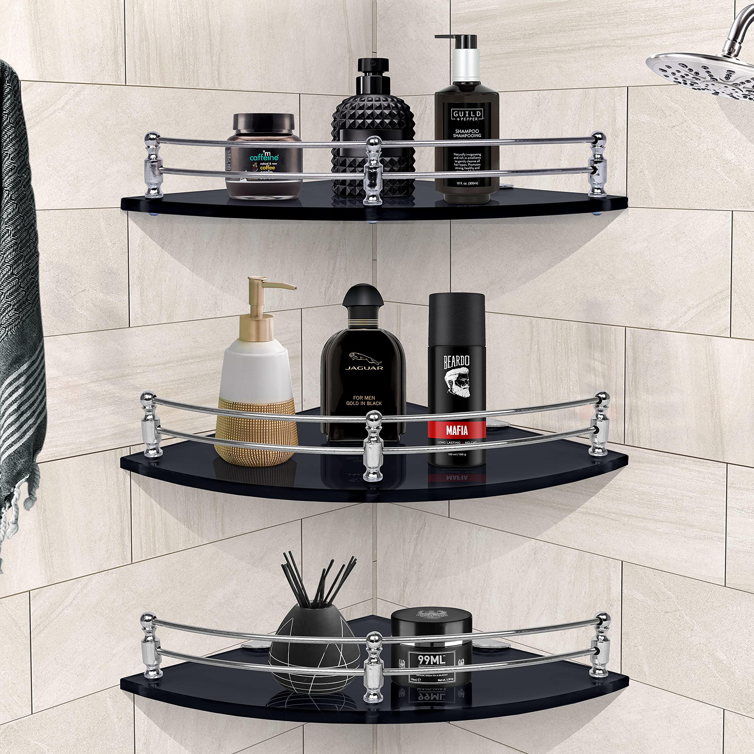 Primax Premium Black Glass Polished, Mirrored Corner Wall Storage Shelf for Bathroom (9x9 Inches) - Pack of 3