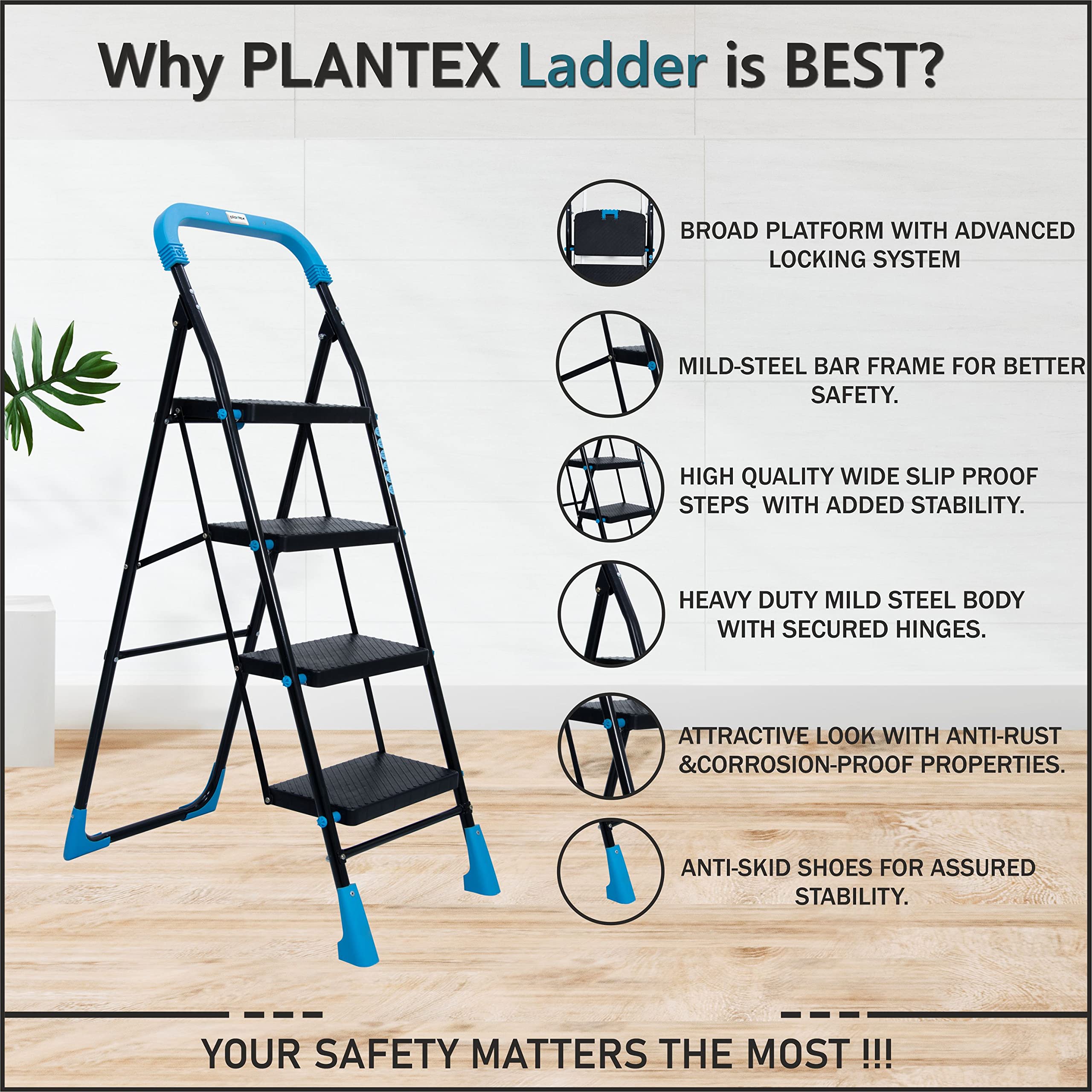 Plantex Heavy-Duty Mild-Steel Stylo Folding 4 Step Ladder for Home with Advanced Locking System - 4 Wide Step Ladder/Anti Skid Step Ladder(Black & Blue)