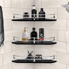 Plantex Premium Diamond Black Glass Corner Shelf for Bathroom/Kitchen Shelf/Bathroom Accessories (9x9 Inches) - Pack of 3