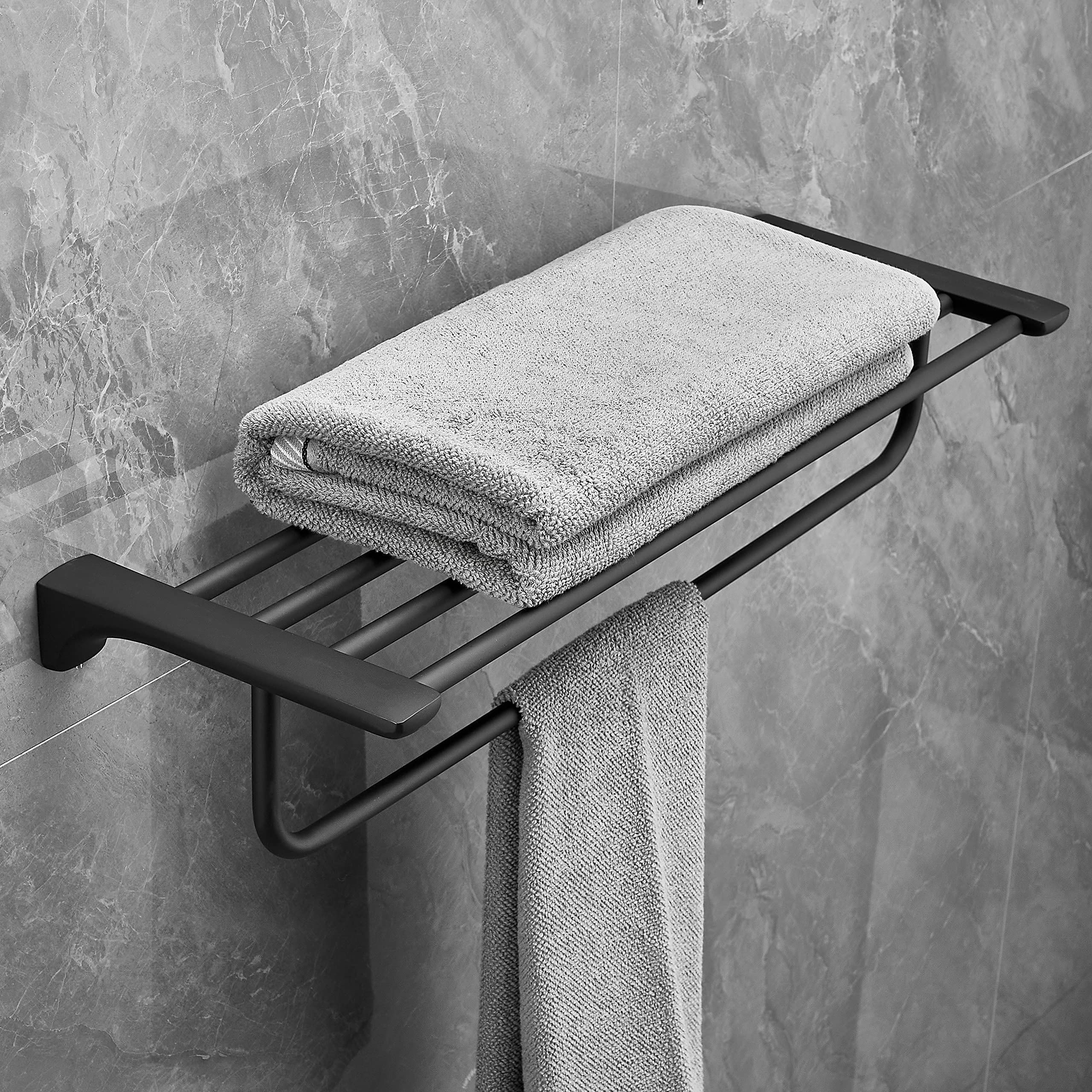 Plantex Space Aluminium Towel Rack with Fix Towel Rod/Towel Bar/Towel Hanger for Bathroom/Loundry Room/Kitchen/Bathroom Accessories (970, Black)